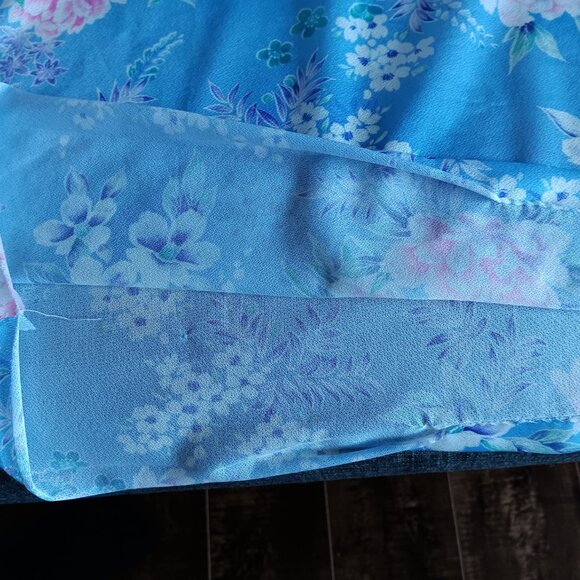 Vintage Sheer Blue Floral Dress Peter Pan Collar Button Up Neck Matching Belt - Picture 5 of 7